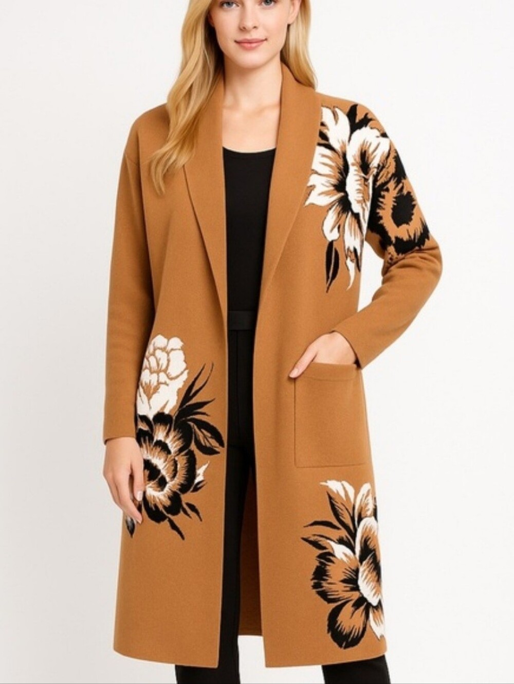Camel Floral Open-Front Long Cardigan Sweater